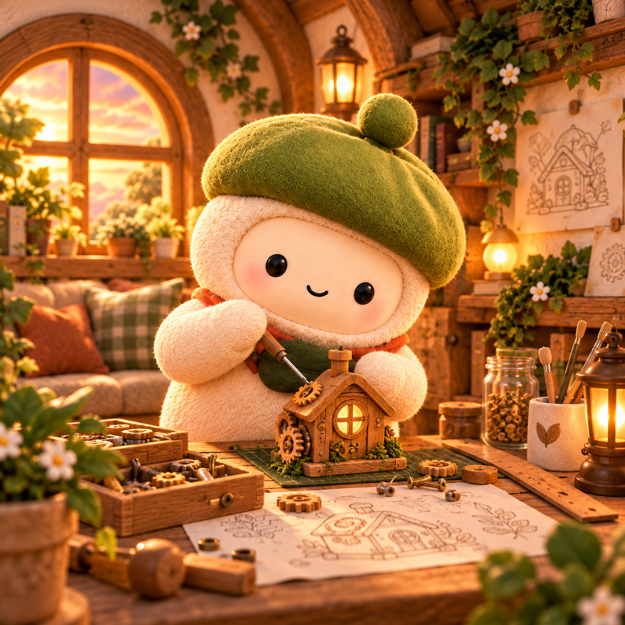 Muse building a miniature wooden house