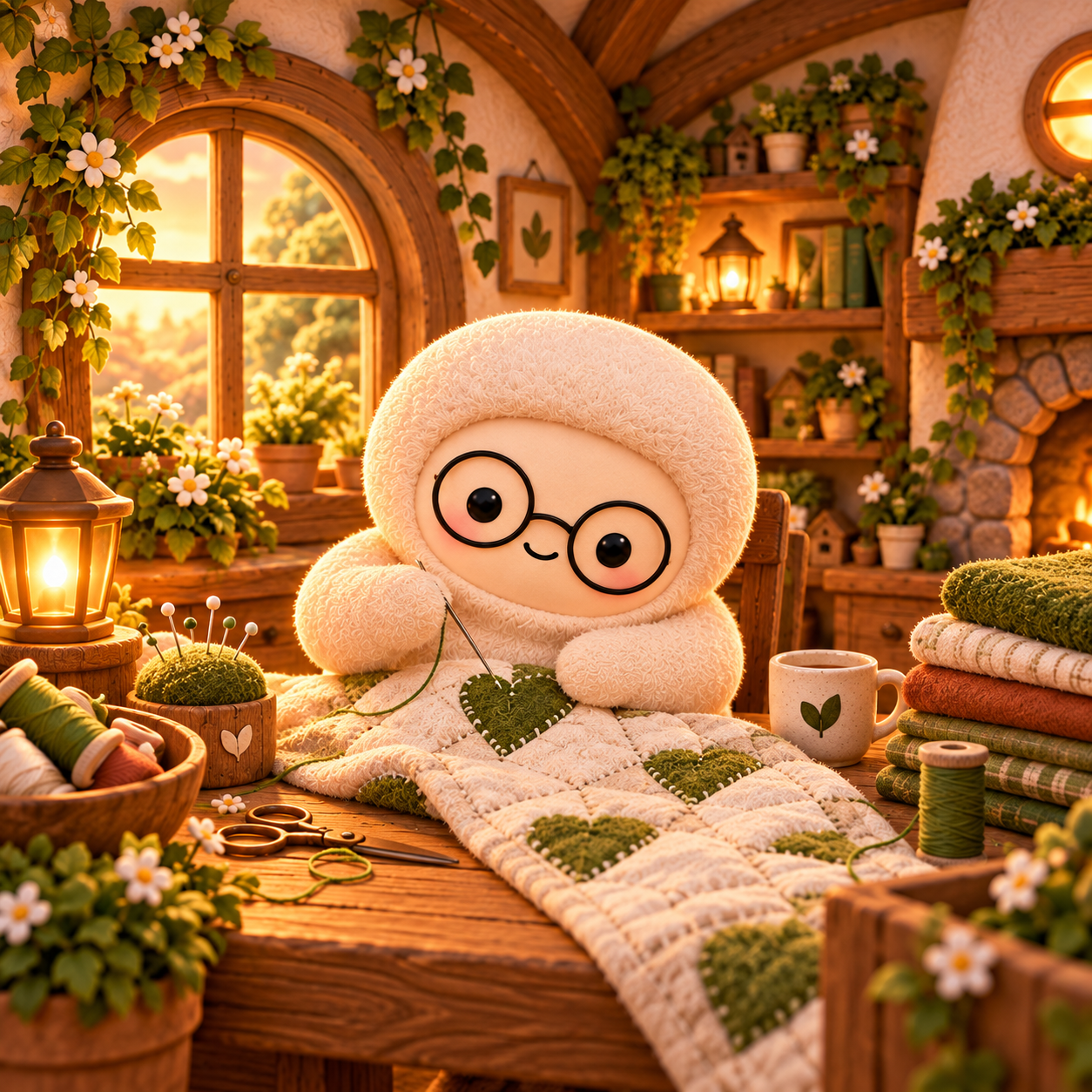 Muse sewing a patchwork quilt
