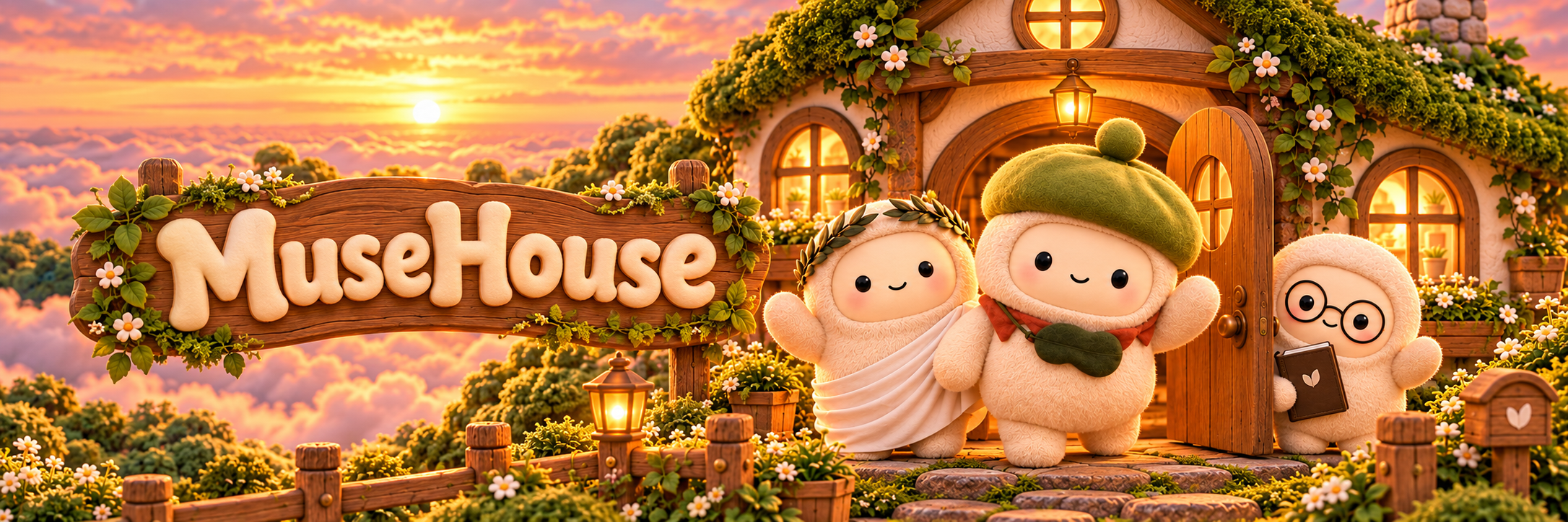 MuseHouse cottage and characters at sunset
